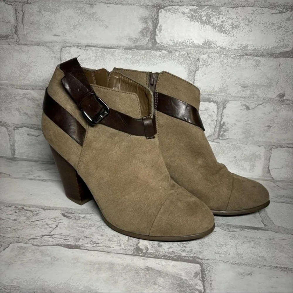 Nollie Taupe Suede Ankle Booties with Dark Brown Strap Detail